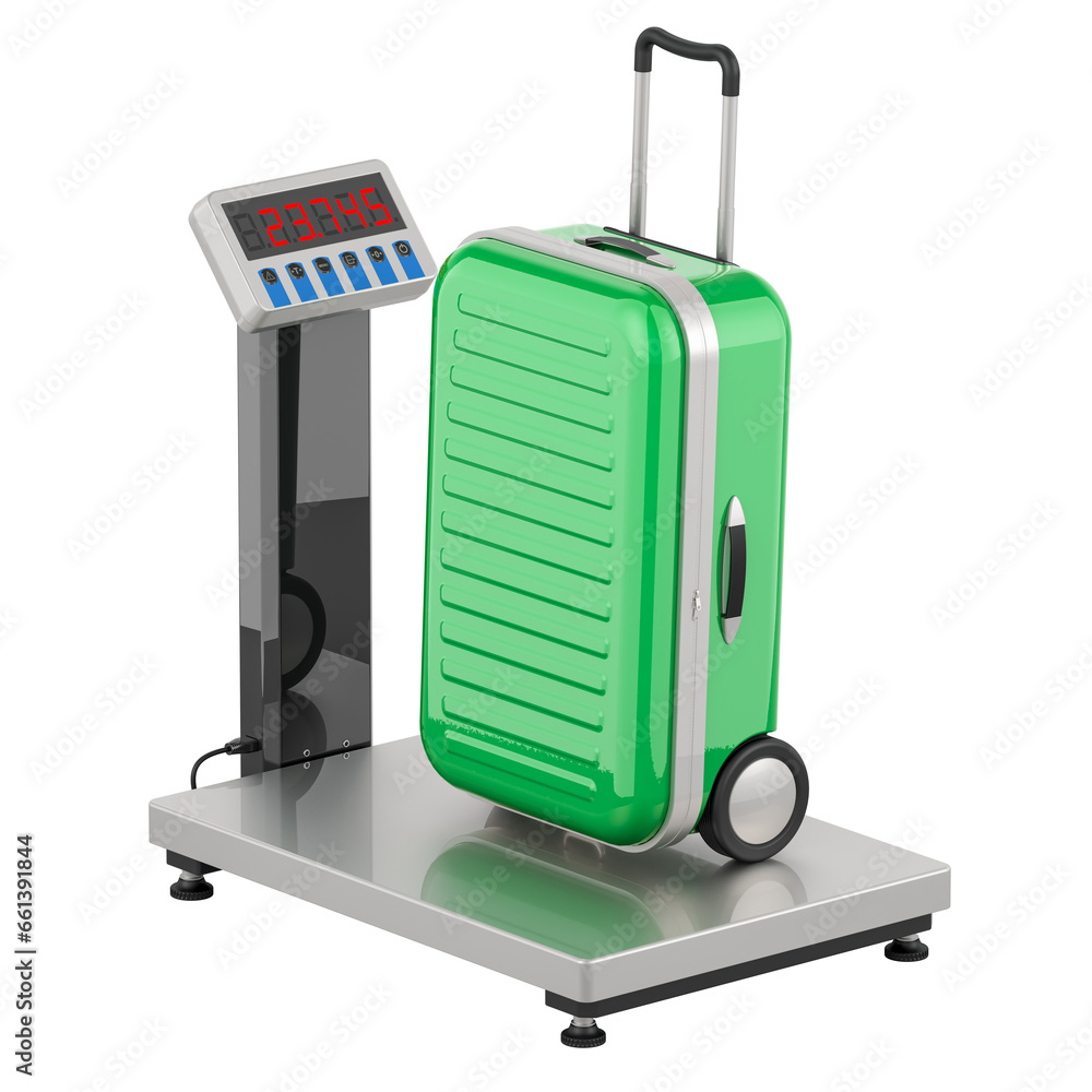 Poster baggage check weighing concept. floor standing digital scale with luggage, 3d rendering isolated on 