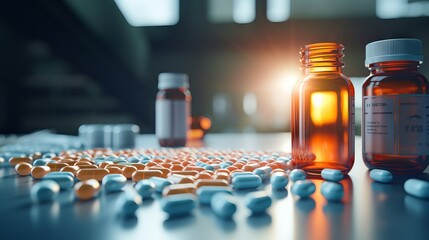 Prescription opioids addiction and overdose: a bottle of pills on a mirror table reflecting the concept of medicine shopping - obrazy, fototapety, plakaty