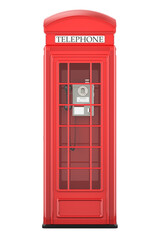 Red telephone box, front view. 3D rendering isolated on transparent background - obrazy, fototapety, plakaty