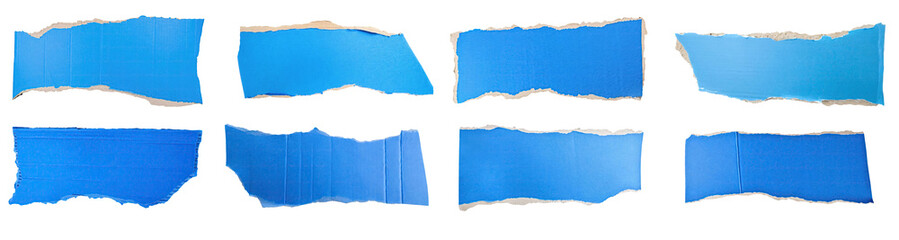 Fototapeta premium Collection of blue paper ripped messages torn with copy space, ripped kraft paper wallpaper, and blue wrapping vintage paper isolated top view, isolated on a transparent background. PNG, cutout, 