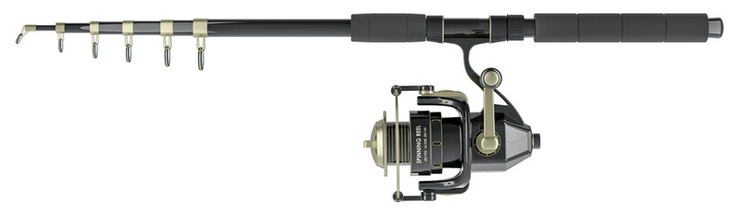 Fishing rod with spinning reel, side view. 3D rendering isolated on transparent background - obrazy, fototapety, plakaty