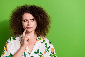 Portrait of pretty young person finger touch chin look interested empty space contemplate decide...