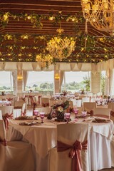 Hall decorated for a wedding ceremony