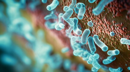 Microscopic view of probiotics bacteria in human stomach, showing escherichia coli and other organisms involved in digestion and health care - obrazy, fototapety, plakaty