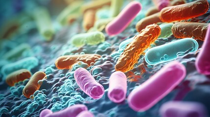 Microscopic view of probiotics bacteria in human stomach, showing escherichia coli and other organisms involved in digestion and health care - obrazy, fototapety, plakaty