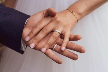 Closeup of a groom holding bride's hand with a ring