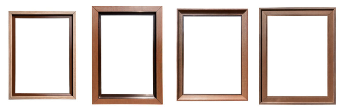 Set of brown steel or wooden picture or window frames, isolated on a transparent background with a PNG cutout or clipping path.