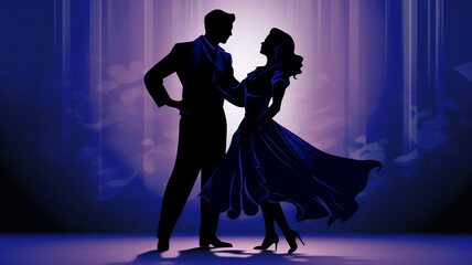 Purple silhouette of ballroom dancers who are dancing as a couple showing their technique skills at a Latin dance competition, Generative AI stock illustration image isolated on a white background - obrazy, fototapety, plakaty