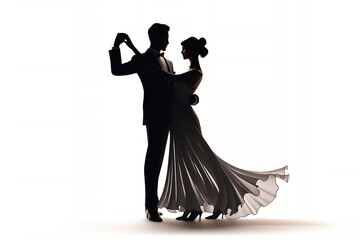 Silhouette of ballroom dancers who are dancing as a couple showing their technique skills at a Latin dance competition event, Generative AI stock illustration image isolated on a white background - obrazy, fototapety, plakaty