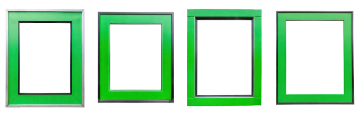 Collection of simple green thin metal picture frame borders for modern walls, isolated on transparent background. PNG, cutout, or clipping path.