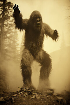 Bigfoot, also known as Sasquatch, is a legendary and elusive creature of North American folklore, often described as a large, ape-like hominid, computer Generative AI stock illustration image