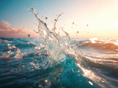 water splash in the sea, a stunning photo that shows the contrast of nature. Frozen in time, the droplets reflect the colorful sky. A splash of life.