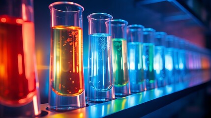 Science laboratory equipment and colorful test tubes for medical research and experiments