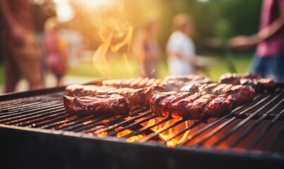meat on the barbecue grill with blurred group of friends in background - obrazy, fototapety, plakaty