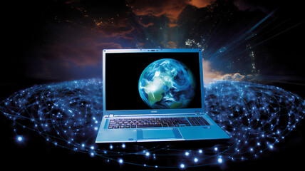 Fototapeta na wymiar Global communication big data being transmitted across the world while using a laptop computer on the internet by the use of artificial intelligence, computer Generative AI stock illustration