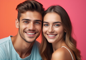 a young couple smiling on a solid color background