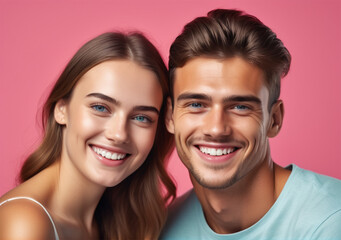a young couple smiling on a solid color background - obrazy, fototapety, plakaty
