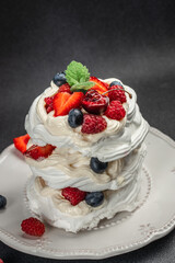 Pavlova cake with whipped mascarpone cream and fresh strawberry, Restaurant menu, dieting, cookbook recipe top view