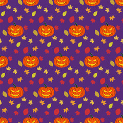 Seamless background with Jack lamps and leaves, Halloween background. 1000x1000 pixels. Vector graphics.