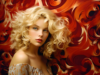 Blonde beauty contrasted with swirling maroon gold vortex backdrop