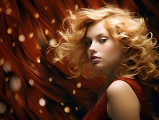 Blonde beauty contrasted with swirling maroon gold vortex backdrop
