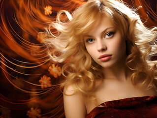 Blonde beauty contrasted with swirling maroon gold vortex backdrop