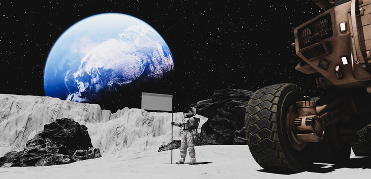 3d illustration. An astronaut is dandying the surface of Moon with a probe. - Powered by Adobe