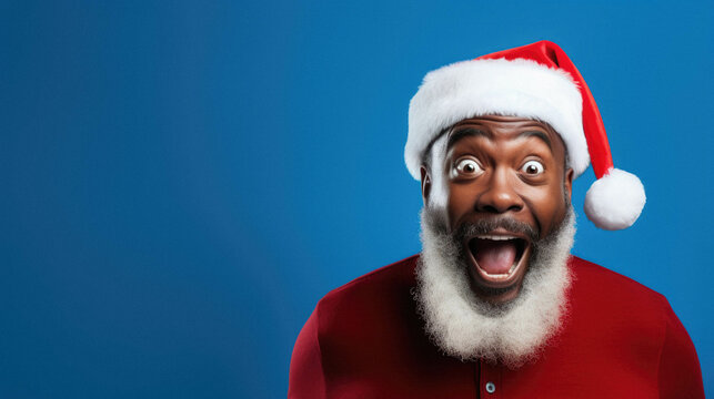 Excited African - American Claus Man In Santa Hat On Christmas.