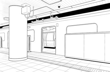 漫画風ペン画イラスト　駅_地下鉄