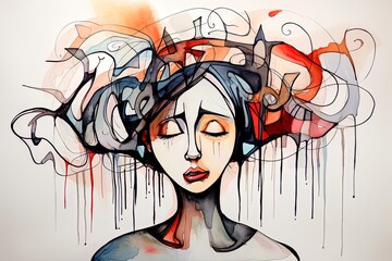 Illustration of a thoughtful stressed person with depression and anxiety and a mess in his head.