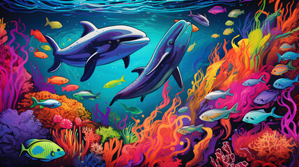 Illustration of a diverse group of marine animals