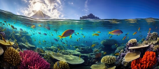 Palau a tropical island nation boasts stunning marine life and rock islands with a vibrant school of colorful snapper swimming above a deep coral reef With copyspace for text - obrazy, fototapety, plakaty