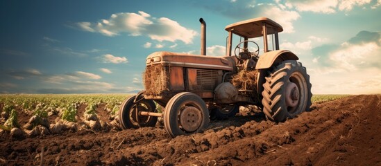 Operating an aged tractor in a potato field With copyspace for text