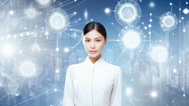 Asian futuristic woman in white suit with blurry network interface in background with double exposure of big data. concept of global network.
