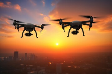 Drones in the sunset city sky
