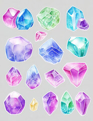 Clipart set of watercolor elements on a light background. Rainbow magic crystals, druzy of different shapes and sizes.