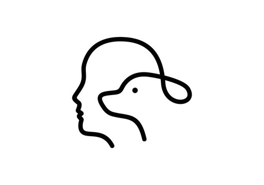 dog and head people logo design. pet care white linear style concept element symbol vector illustration.