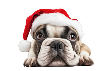 a high quality stock photograph of a single french bulldog with a santa hat isolated on a white background