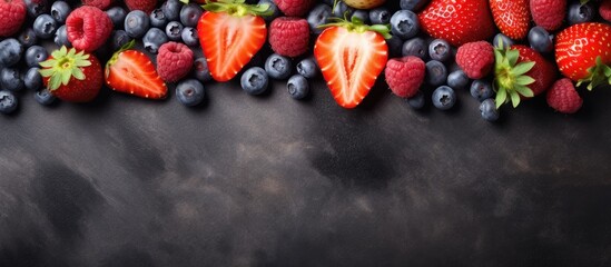 Summer panorama on a slate with different types of berries With copyspace for text