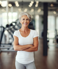 Strong mature woman posing in the gym.