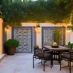 A Mediterranean-style courtyard with a fountain, mosaic tiles, and wrought iron furniture4, Generative AI