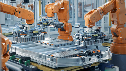 EV Battery Pack Automated Production Line Equipped with Orange Robot Arms. Modern Electric Car...