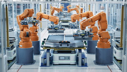 Row of Robot Arms inside Bright Plant Assemble Batteries for Automotive Industry. EV Battery Pack...