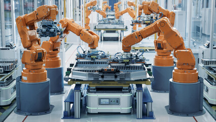 EV Battery Pack Automated Production Line Equipped with Orange Advanced Robot Arms. Row of Robotic...