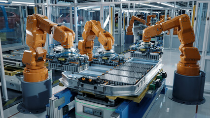 Advanced Orange Industrial Robot Arms Assemble EV Battery Pack on Automated Production Line. Row of Robotic Arms inside Automotive Plant Assemble Batteries. Modern Electric Car Smart Factory. - obrazy, fototapety, plakaty