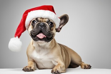 a high quality stock photograph of a single french bulldog with a santa hat isolated on a white background