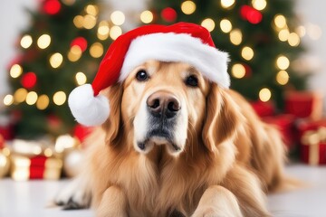 a high quality stock photograph of a single golden retriever with a santa hat isolated on a white background
