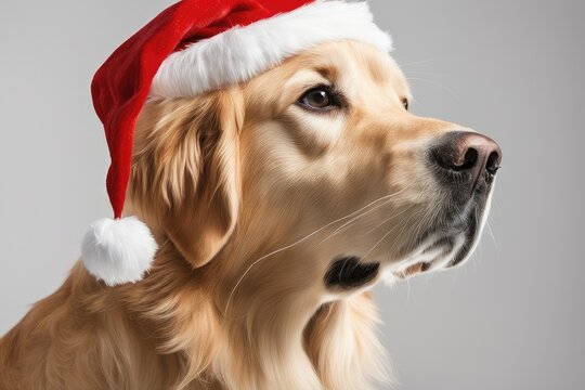 a high quality stock photograph of a single golden retriever with a santa hat isolated on a white background