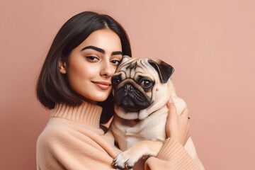 Young woman holding pug dog  - Powered by Adobe
