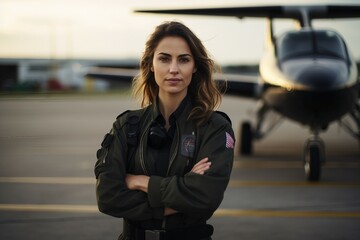 Confident Female Pilot on the Runway. - obrazy, fototapety, plakaty
